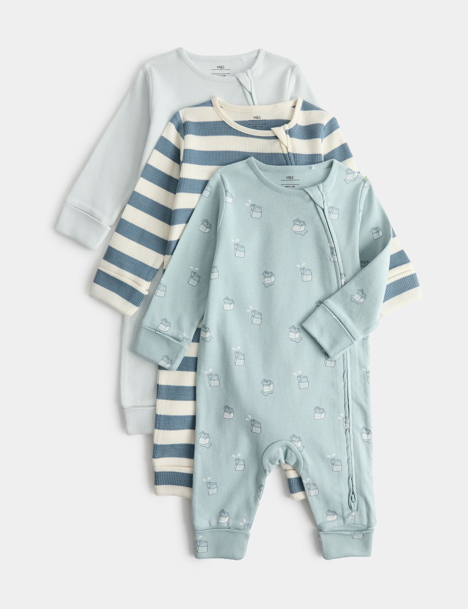 3 Pack Pure Cotton Milk &amp; Striped Sleepsuits (7lbs-3 Yrs)