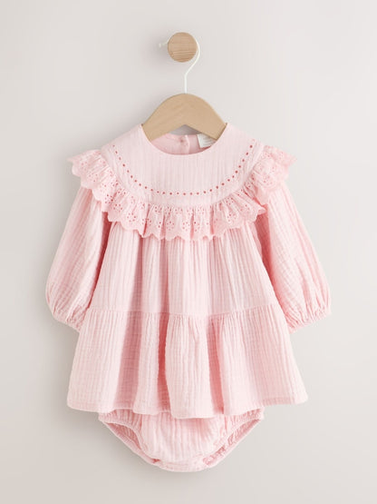 Pink Woven Dress and Knickers Set 2 Piece (0mths-2yrs) - Pink Woven / 12 - 18 Months (80 - 86cm)