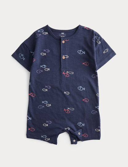 Pure Cotton Jersey Navy Fish Romper (0-3 Yrs) - NAVY / 12-18 Months
