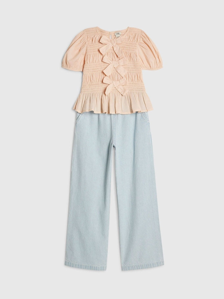 River Island Pink Bow Top &amp; Wide Leg Barry Jeans