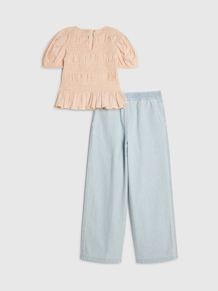 River Island Pink Bow Top &amp; Wide Leg Barry Jeans