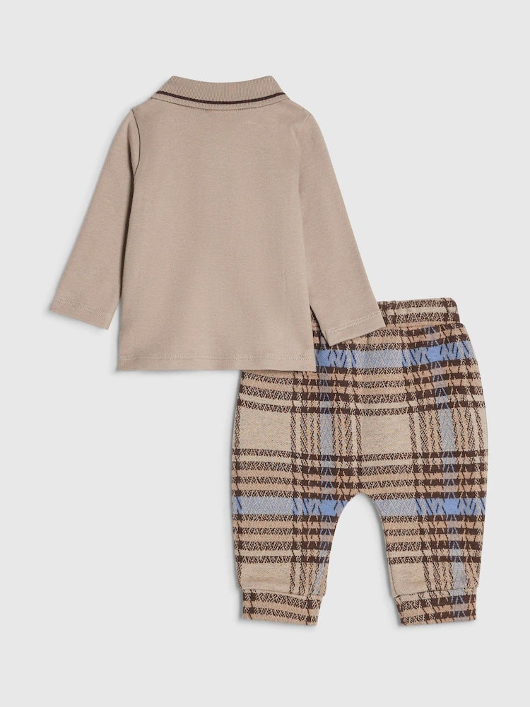 River Island Brown Check Little Man Polo &amp; Joggers Set