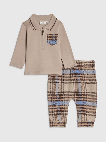 River Island Brown Check Little Man Polo &amp; Joggers Set - Size Up To 3 Months (50 - 62cm) - River Island Brown Check Little Man Polo &amp;