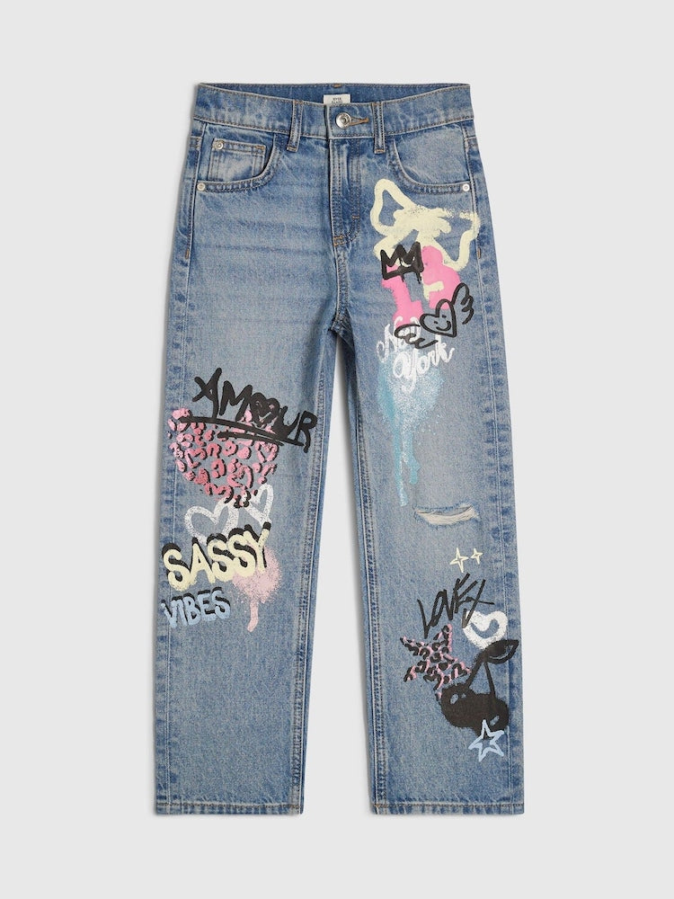 River Island Blue Amour Graffiti Straight Leg Jeans