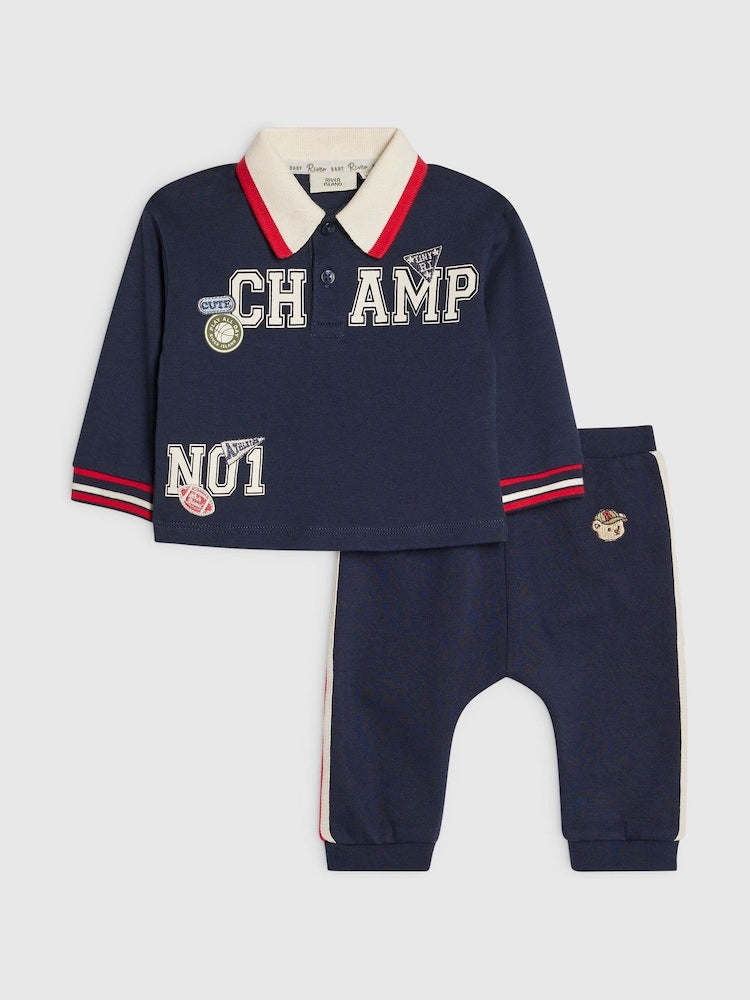 River Island Blue Varsity Badge Top &amp; Joggers Set - Blue / Up To 3 Months (50 - 62cm)