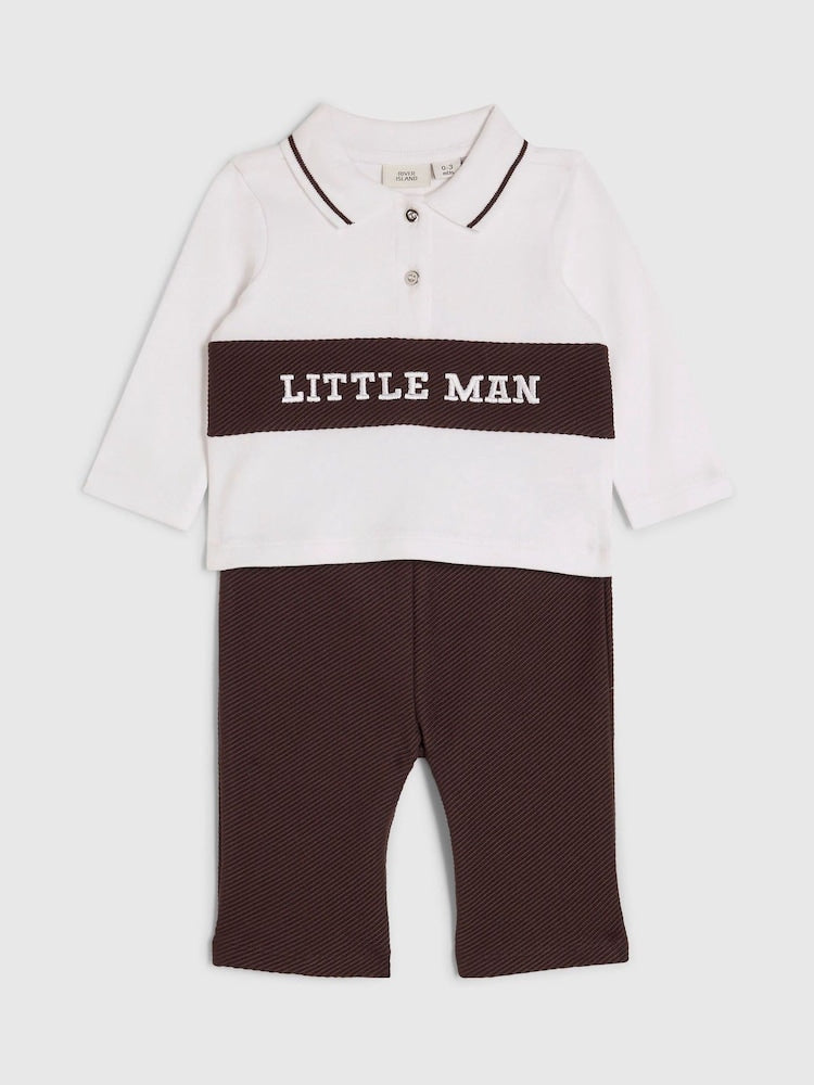 River Island Brown Little Man Zip Up Top &amp; Jogger Set