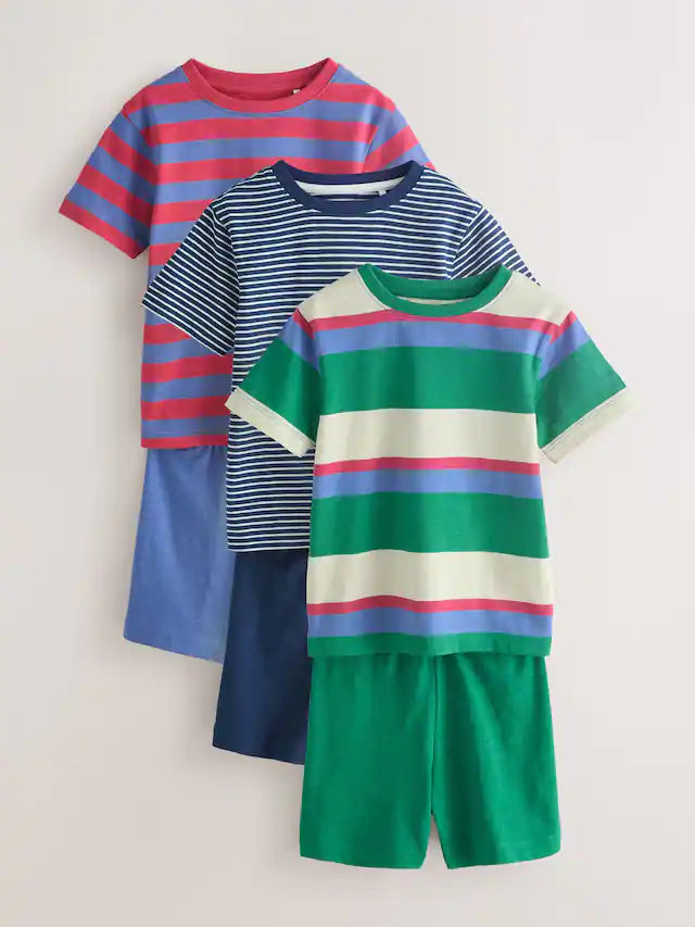 Blue/Green/Red Stripe Short Pyjamas 3 Pack