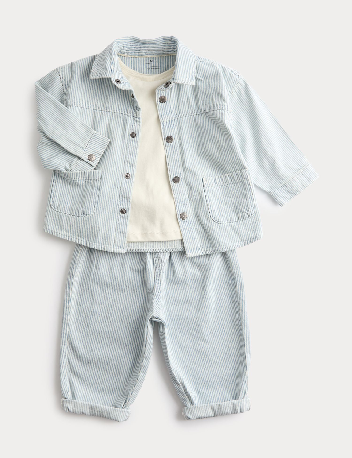 3 Piece Pure Cotton Blue Ticking Striped Outfit (0-3 Yrs)