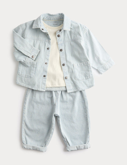 3 Piece Pure Cotton Blue Ticking Striped Outfit (0-3 Yrs)