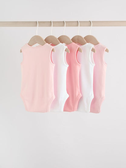 Pink/White 5 Pack Essential Vest Baby Bodysuits
