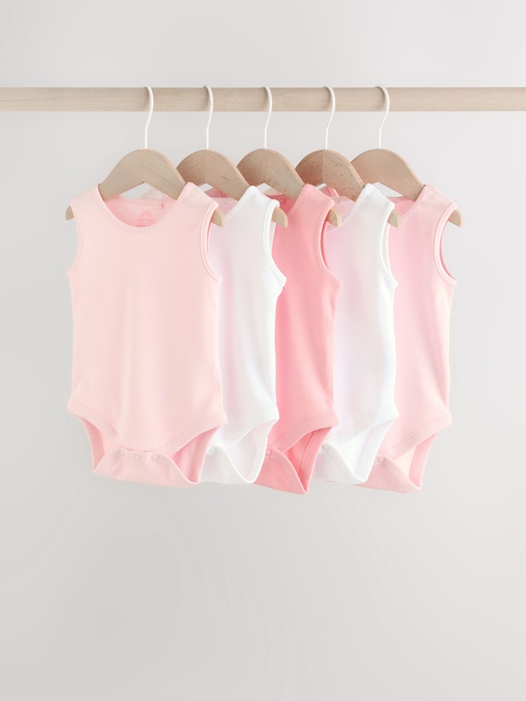 Pink/White 5 Pack Essential Vest Baby Bodysuits