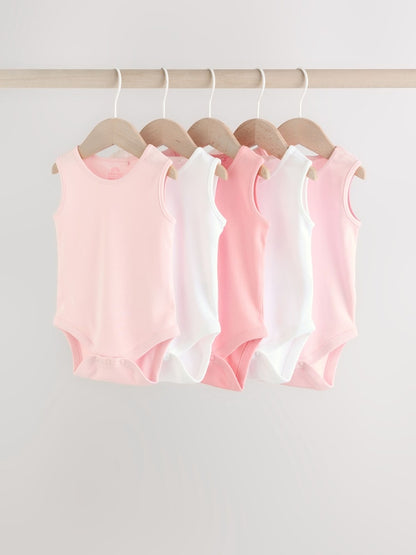 Pink/White 5 Pack Essential Vest Baby Bodysuits