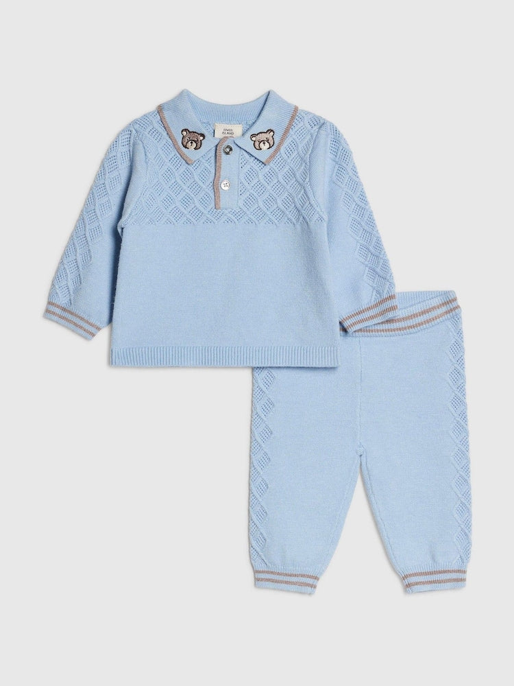 River Island Blue Knitted Polo Top &amp; Leggings Set - Blue / Up To 3 Months (50 - 62cm)