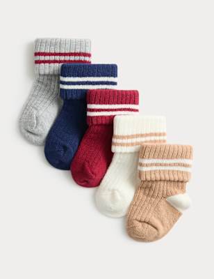 5 Pack Cotton Rich Striped Ribbed Socks (0-3 Yrs) - MULTI / 6-12