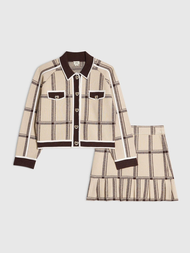River Island Cream Check Cardigan &amp; Skirt Set