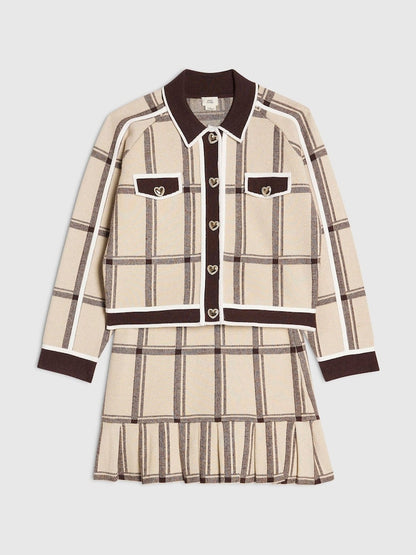 River Island Cream Check Cardigan &amp; Skirt Set