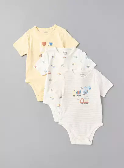 Pack of 3 - Vehicle Print Cotton Bodysuit with Short Sleeves