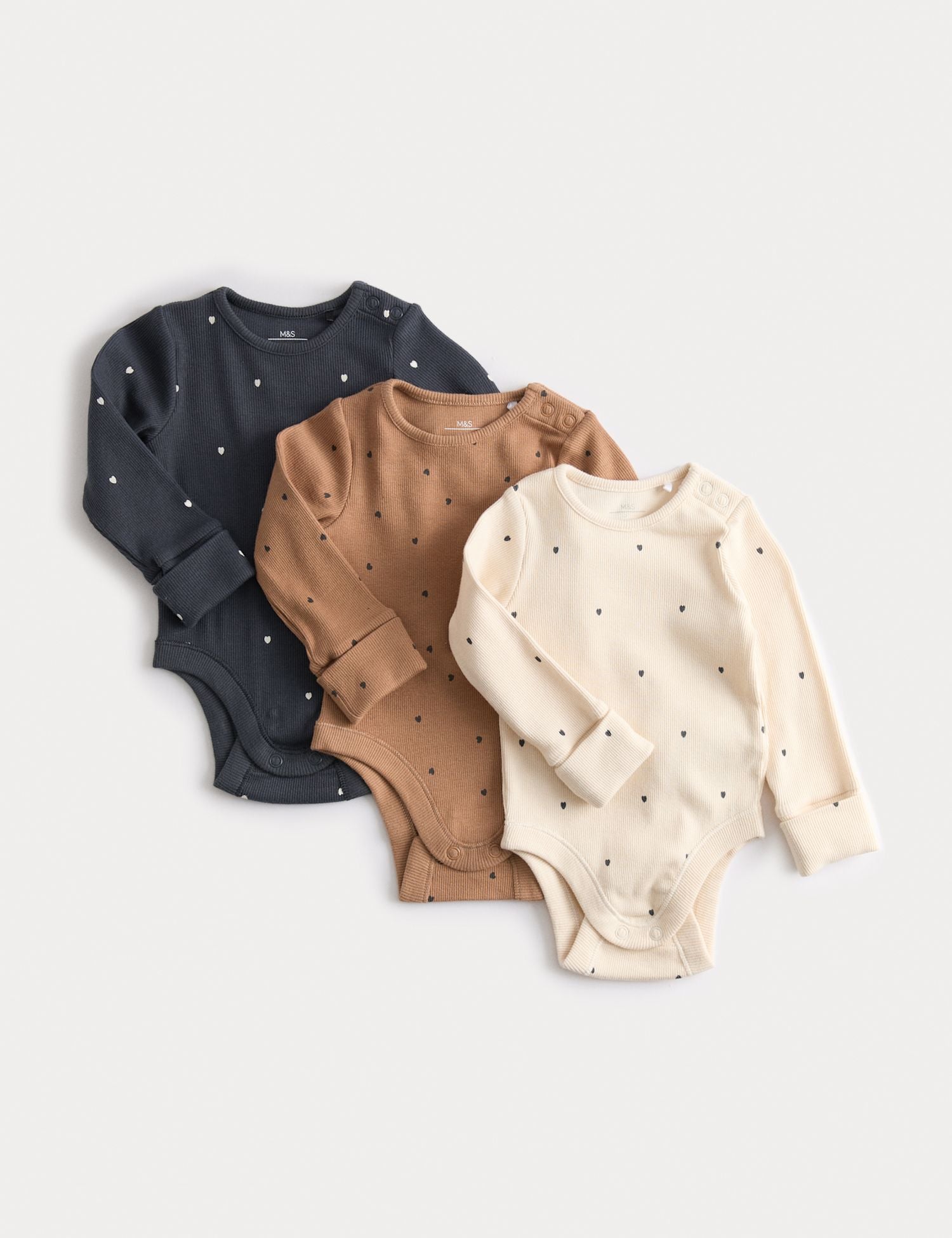 3 Pack Cotton Rich Heart Long Sleeved Bodysuits (0 Mths-3 Yrs) - BUTTERSCOTCH / 12-18 Months