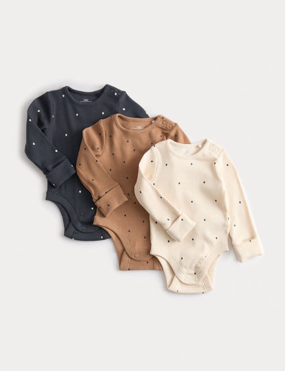 3 Pack Cotton Rich Heart Long Sleeved Bodysuits (0 Mths-3 Yrs) - BUTTERSCOTCH / 12-18 Months