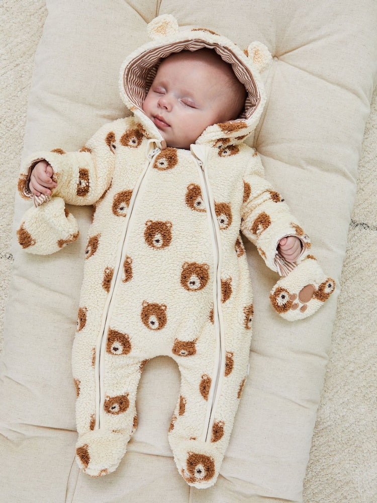JoJo Maman Bébé Cream Bear Print Cosy Pramsuit