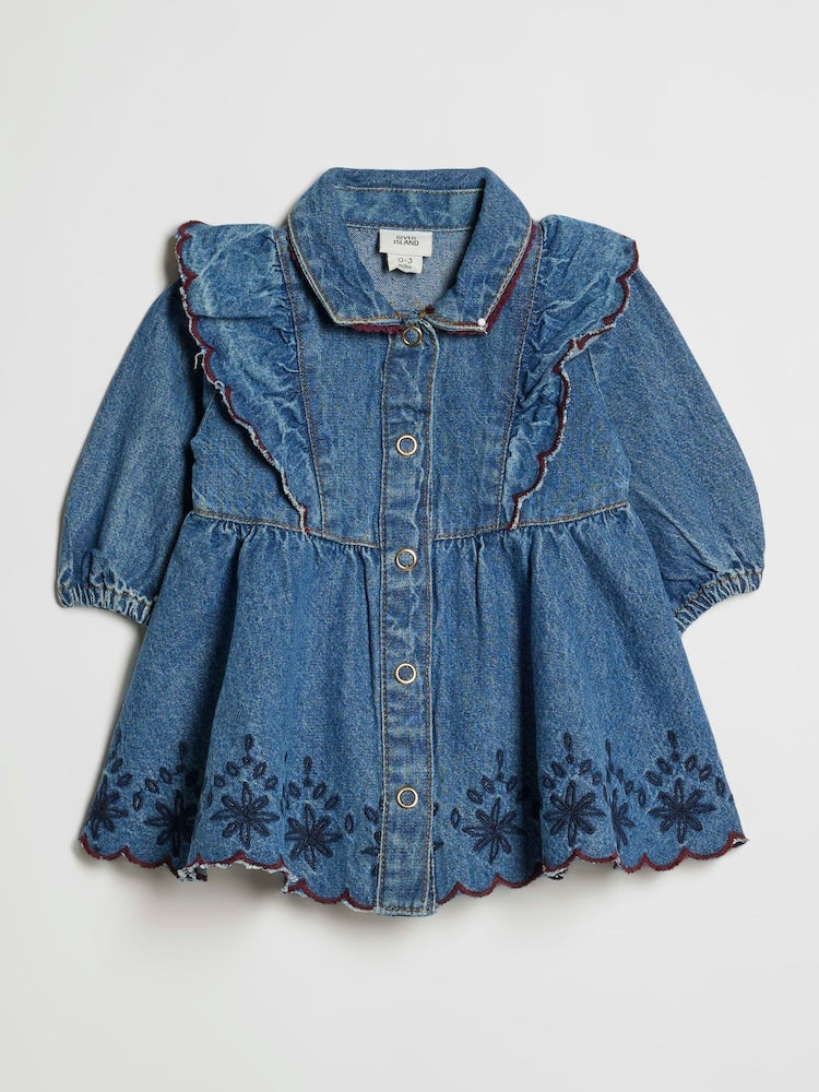 River Island Blue Denim Button Down Dress - Size Up To 3 Months (50 - 62cm) - River Island Blue Denim Button Down