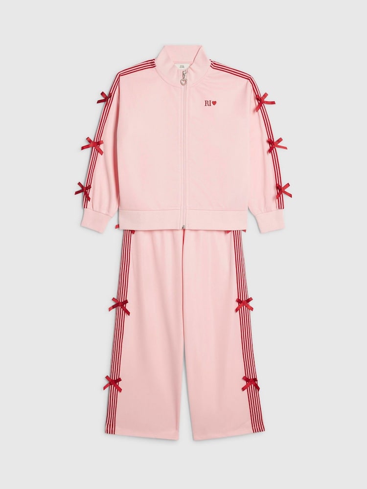 River Island Pink Bow Tricot Zip Thru Jacket &amp; Joggers Set