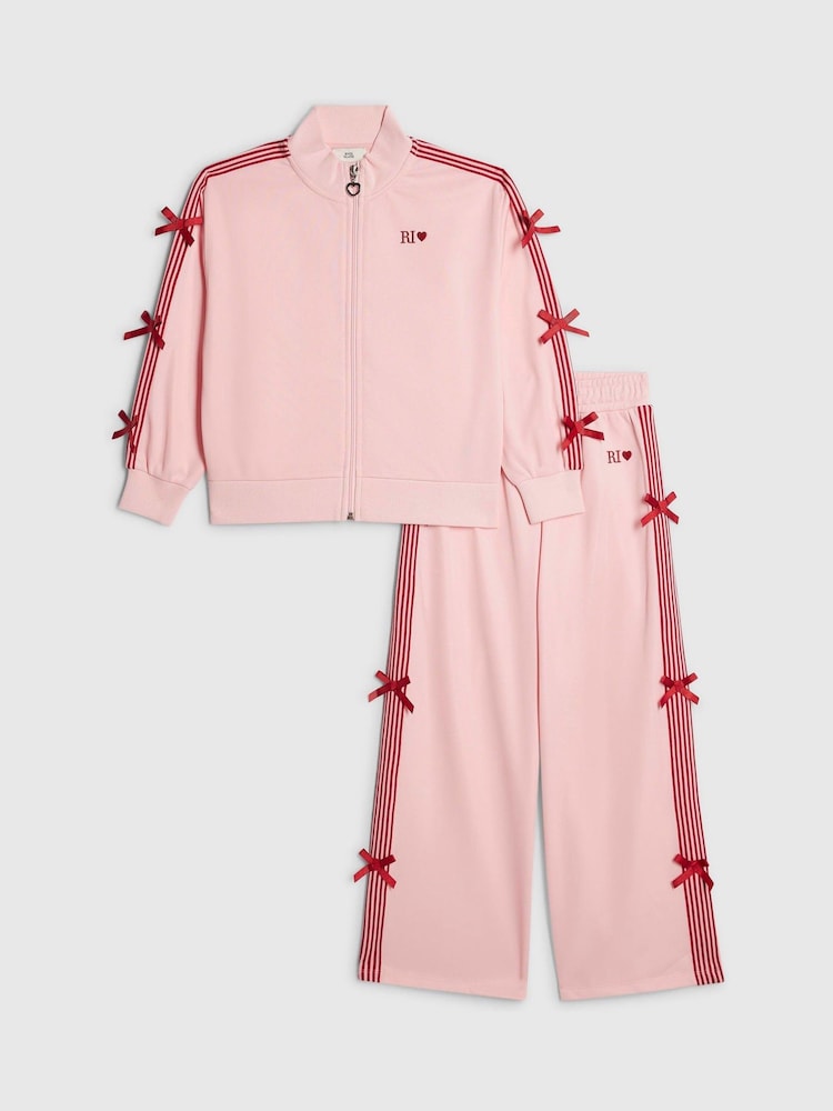 River Island Pink Bow Tricot Zip Thru Jacket &amp; Joggers Set