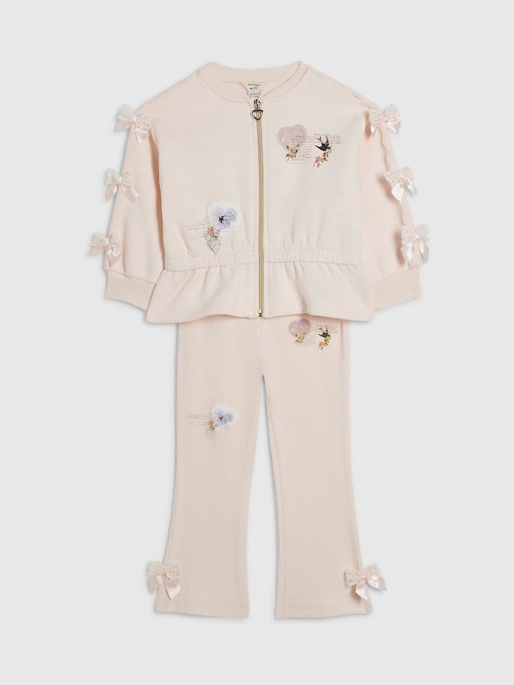River Island Pink Poetcore Bow Zip Thru Jacket &amp; Joggers Set