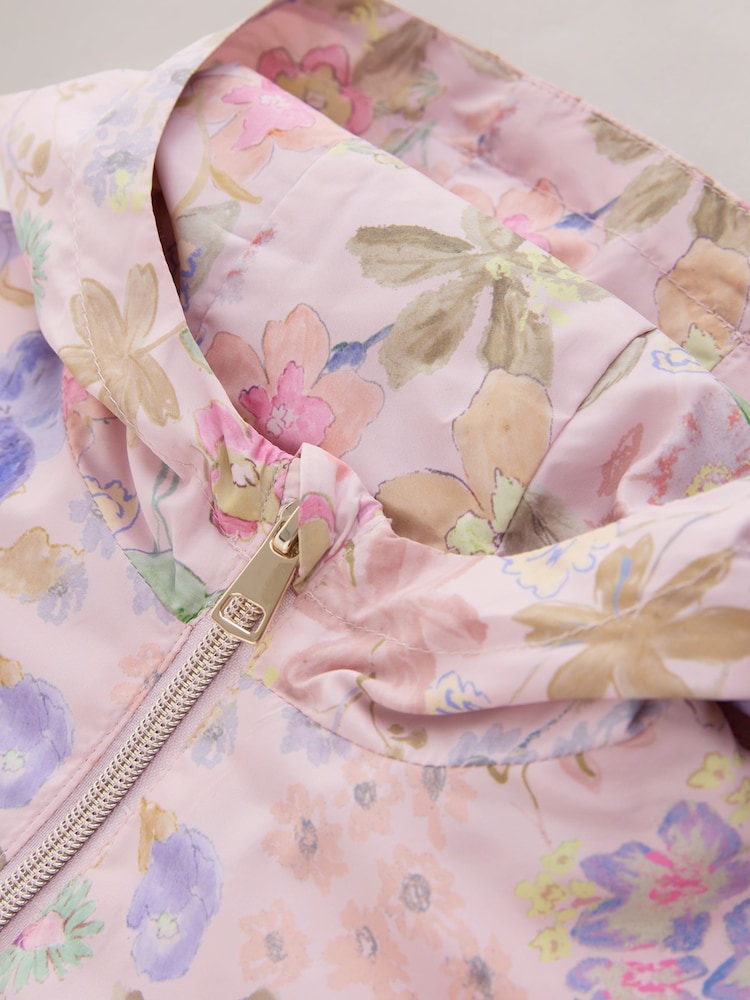 Pink Floral Printed Shower Resistant Frill Hem Raincoat