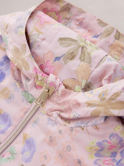 Pink Floral Printed Shower Resistant Frill Hem Raincoat