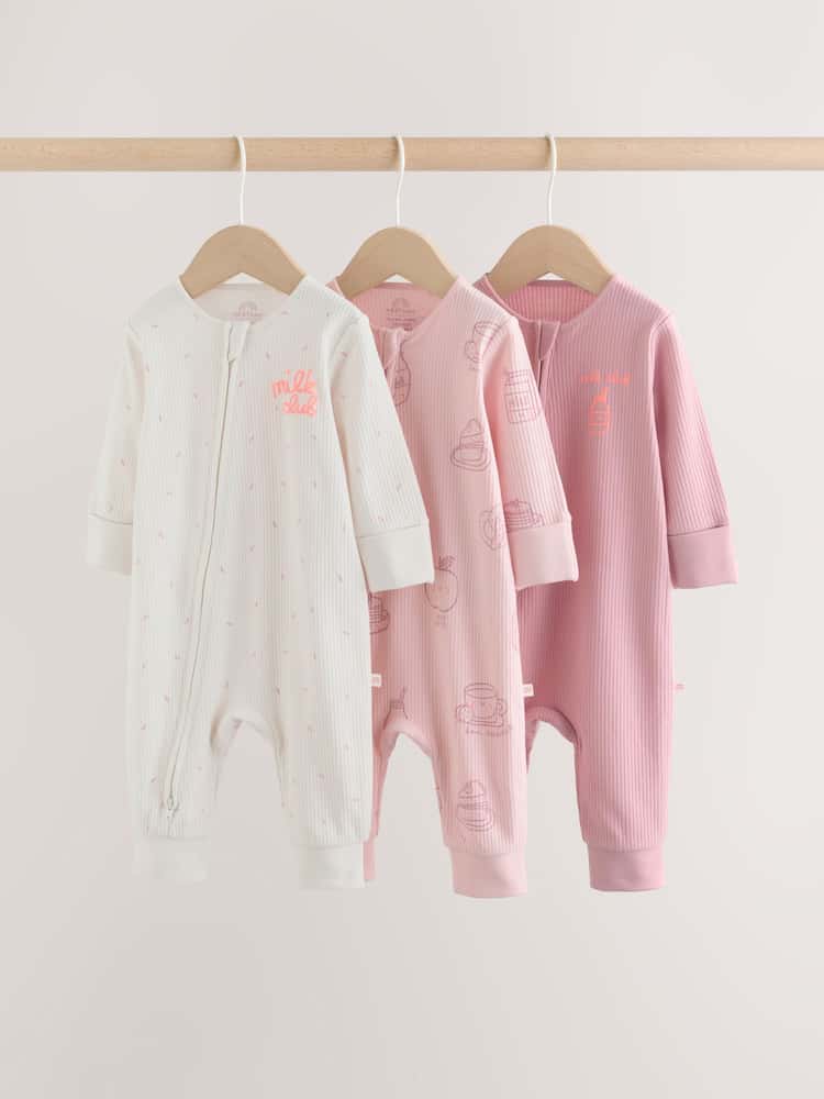 Pink Two Way Zip Baby Sleepsuits 3 Pack (0mths-3yrs)