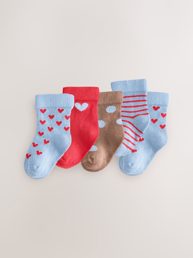 Red and Blue Heart Baby Socks 5 Pack - Red and Blue Heart / Up To 3 Months (50 - 62cm)