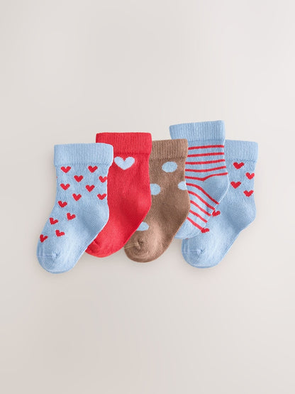 Red and Blue Heart Baby Socks 5 Pack - Red and Blue Heart / Up To 3 Months (50 - 62cm)
