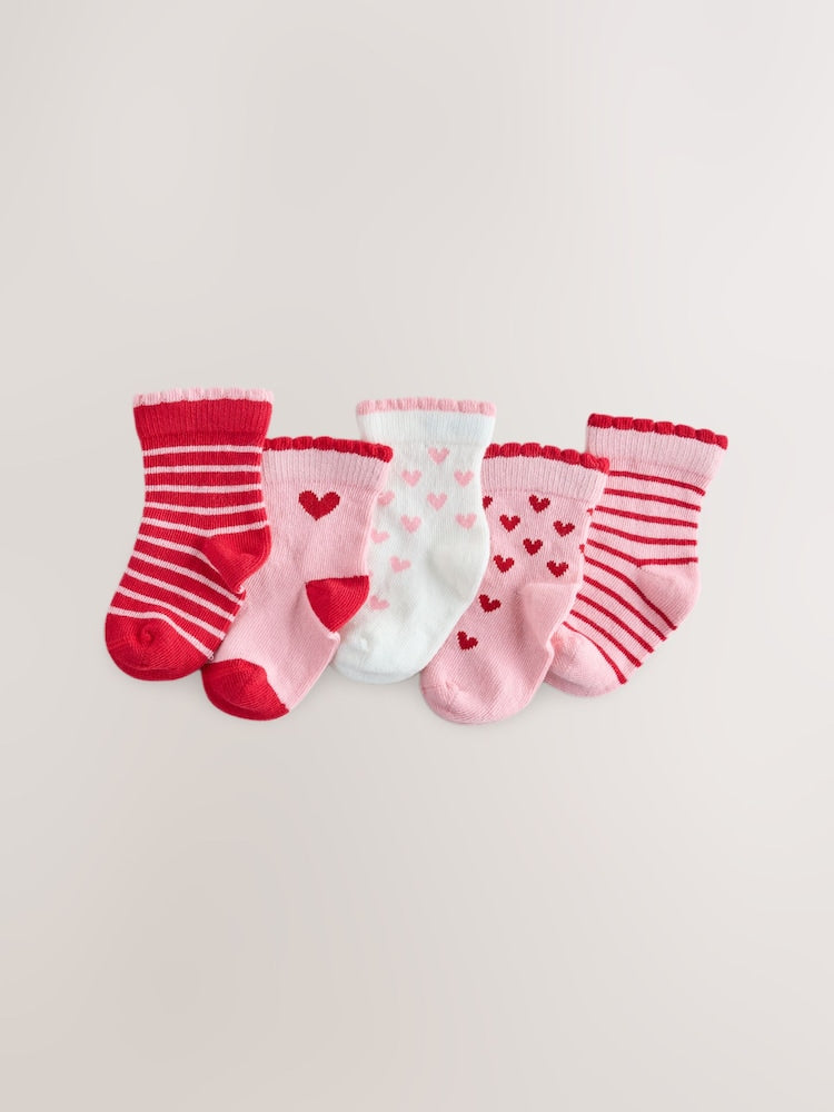Red and Pink Heart Baby Socks 5 Pack - Red and Pink / Up To 3 Months (50 - 62cm)