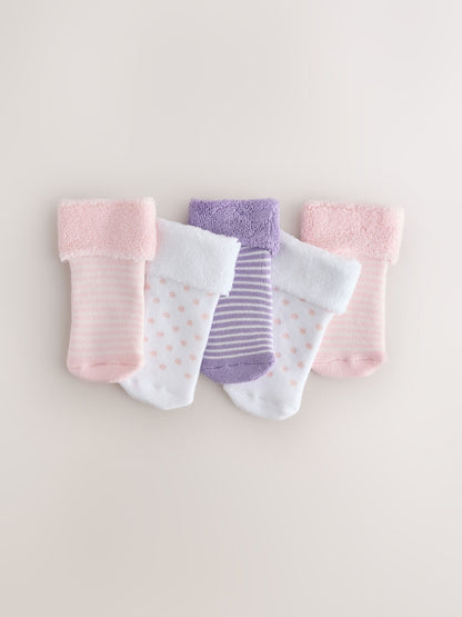 Pink and White Roll Top Towelling Baby Socks 5 Pack - Pink and White / Up To 3 Months (50 - 62cm)