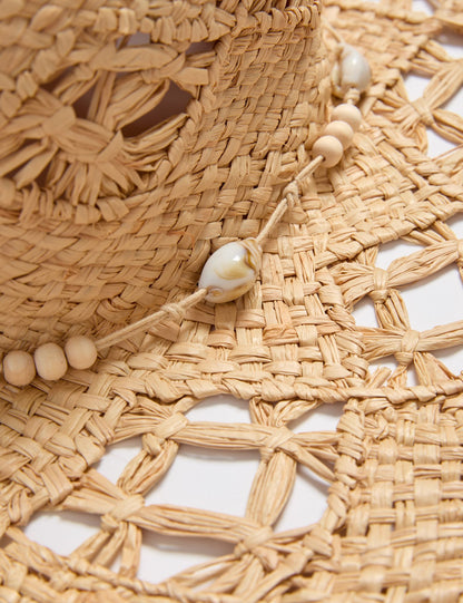 Straw Shell Detail Fringed Hat