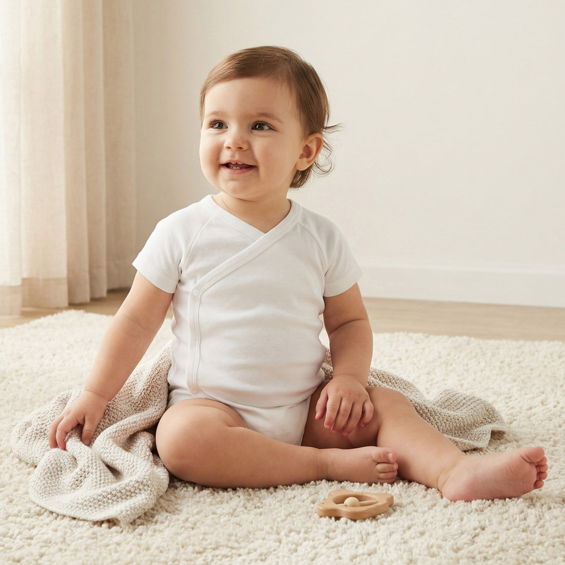 Juniors Solid Bodysuit with Round Neck and Short Sleeves - Cream / 12-18 mths