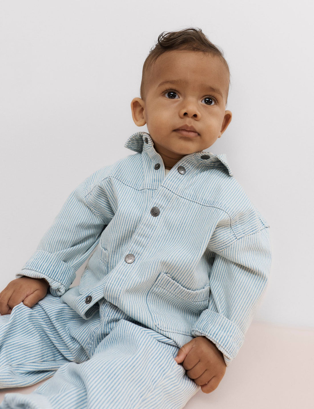 3 Piece Pure Cotton Blue Ticking Striped Outfit (0-3 Yrs) - MULTI / 9-12 Months