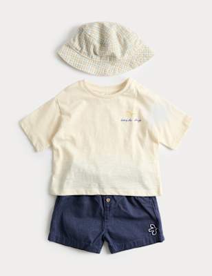 3 Piece Pure Cotton Outfit with Hat (0-5 Yrs) - ECRU MIX / 12-18 Months