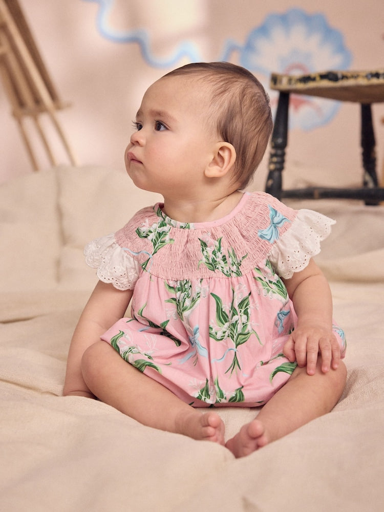 Pink Floral Cath Kidston Cotton Printed Baby Broderie Romper - Pink Floral / Up to 1 Month (50-56cm)