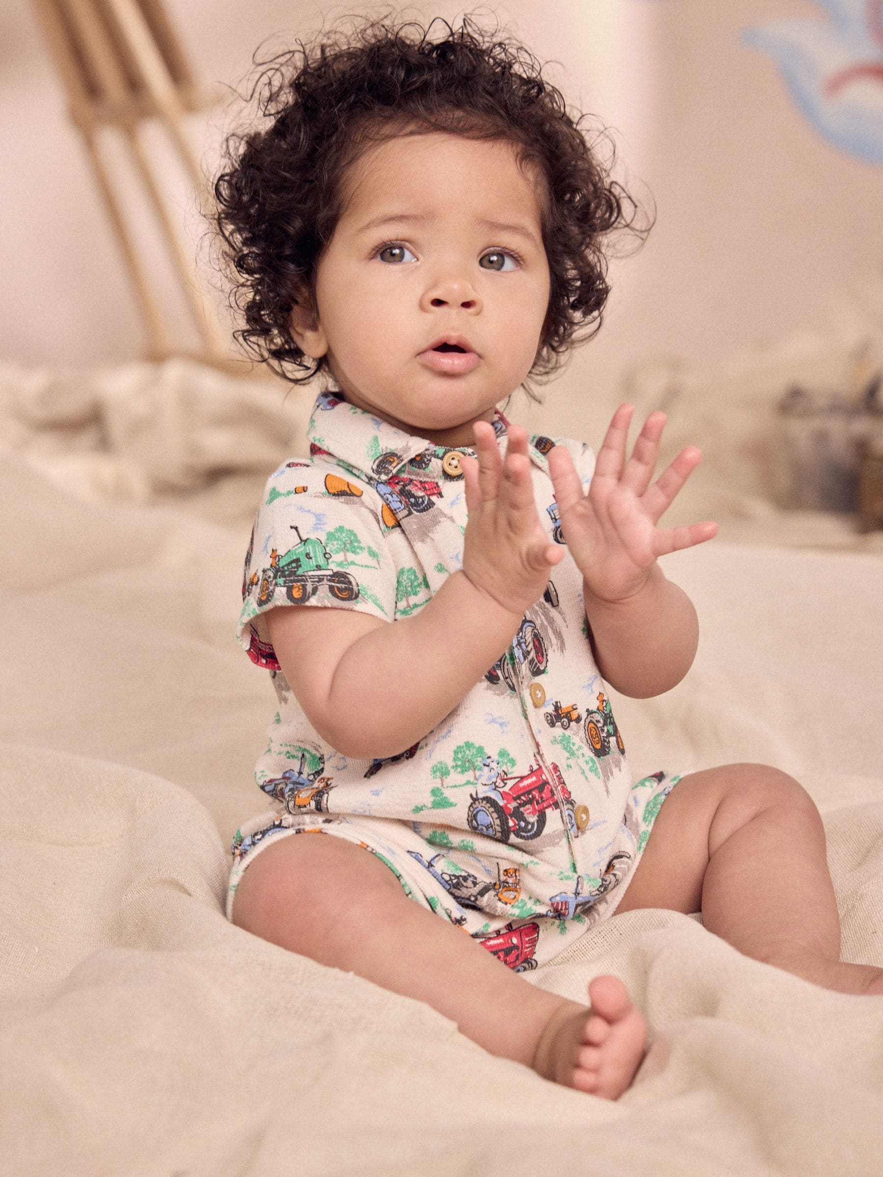 Ecru Tractor Printed Collared 100% Cotton Cath Kidston Romper - 12-18 Months (80-86cm)