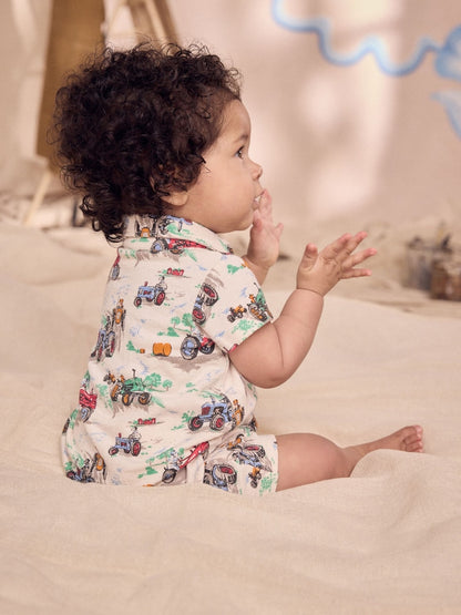 Ecru Tractor Printed Collared 100% Cotton Cath Kidston Romper