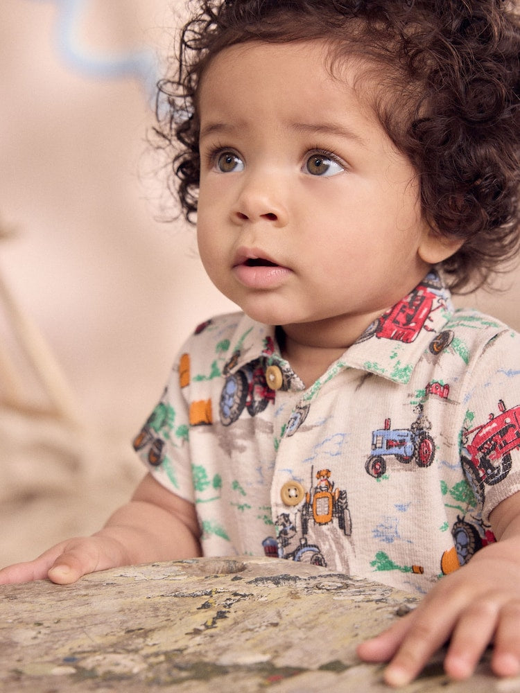 Ecru Tractor Printed Collared 100% Cotton Cath Kidston Romper