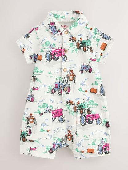Ecru Tractor Printed Collared 100% Cotton Cath Kidston Romper