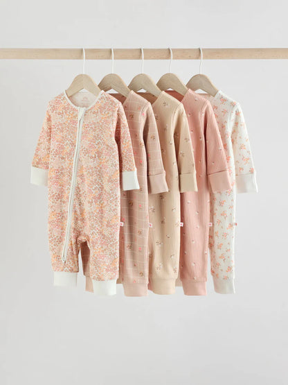 Neutral 5 Pack Two Way Zip Baby Sleepsuits (0mths-3yrs)