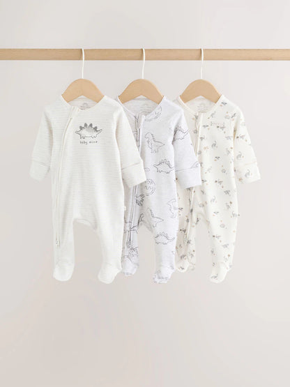 Grey Baby Two Way Zip Sleepsuits 3 Pack (0-2yrs)