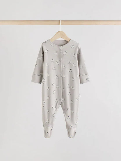 Grey 3 Pack Zebra 100% Cotton Baby Sleepsuits (0-2yrs)