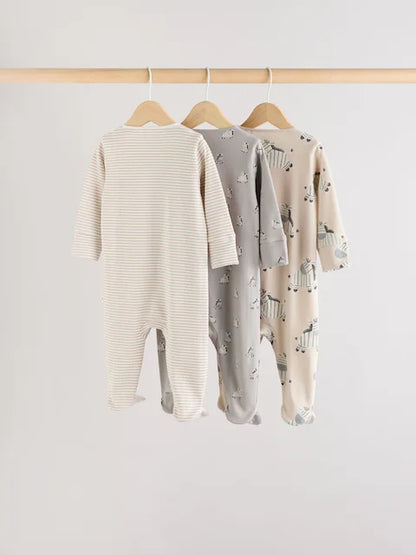 Grey 3 Pack Zebra 100% Cotton Baby Sleepsuits (0-2yrs)