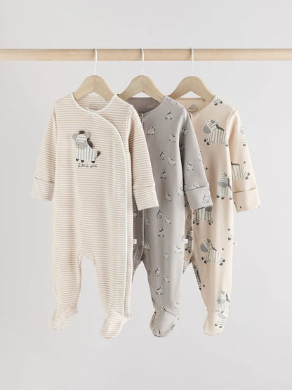 Grey 3 Pack Zebra 100% Cotton Baby Sleepsuits (0-2yrs)