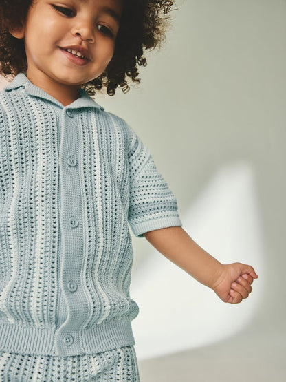 Blue Crochet Knitted Short Sleeve Shirt and Shorts Set (3mths-10yrs)
